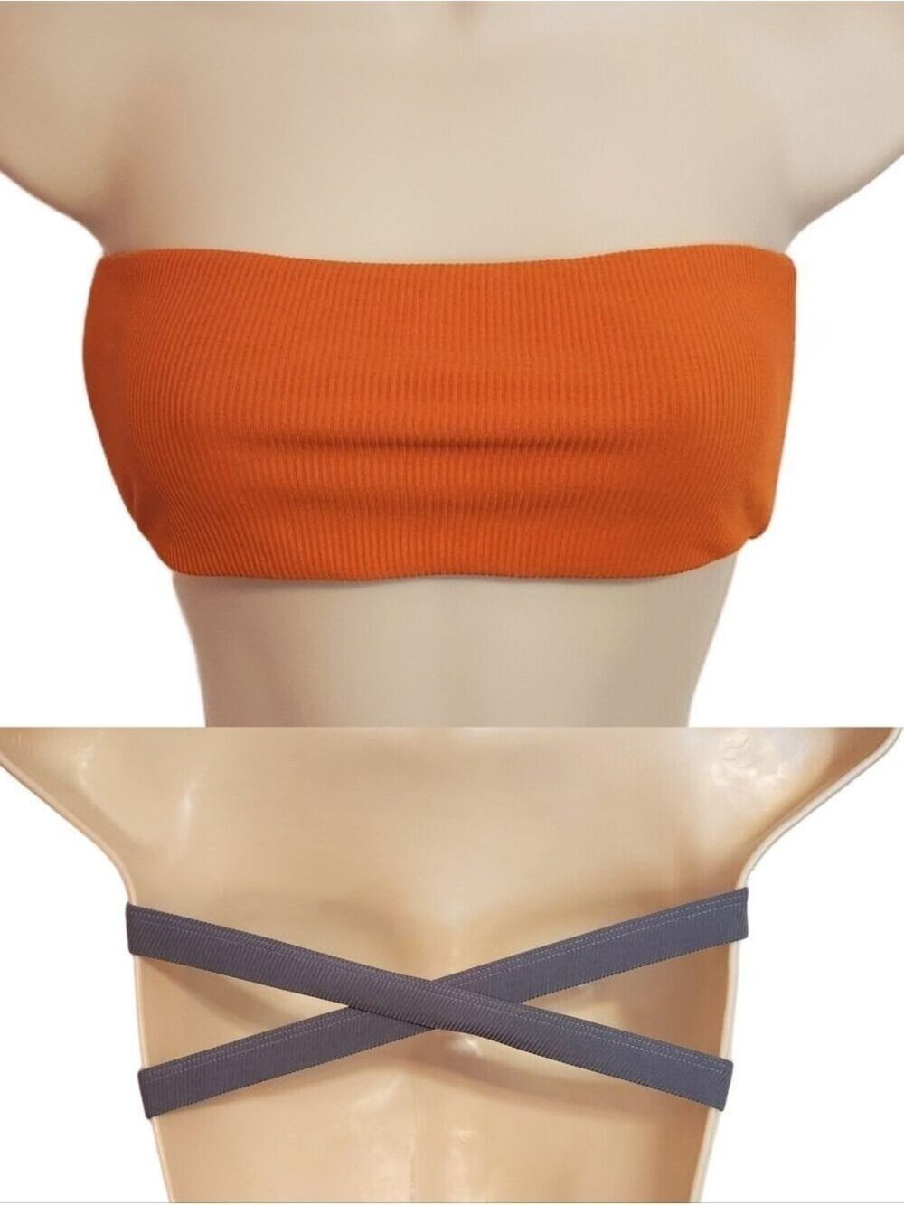 Orange Grey Bikini Swimsuit Top Bandeau Criss-Cross Medium